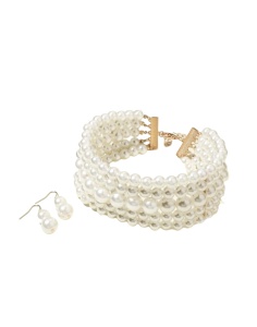Set colier choker din multiple siraguri de perle albe faux si cercei perla, culoarea alb - Img 3