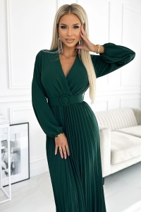VIVIANA Rochie midi plisată cu decolteu, mânecă lungă și cordon lat - VERDE STICLĂ - Img 2