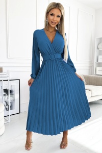 VIVIANA Rochie plisată midi cu decolteu, mânecă lungă și cordon lat - culoare JEANS