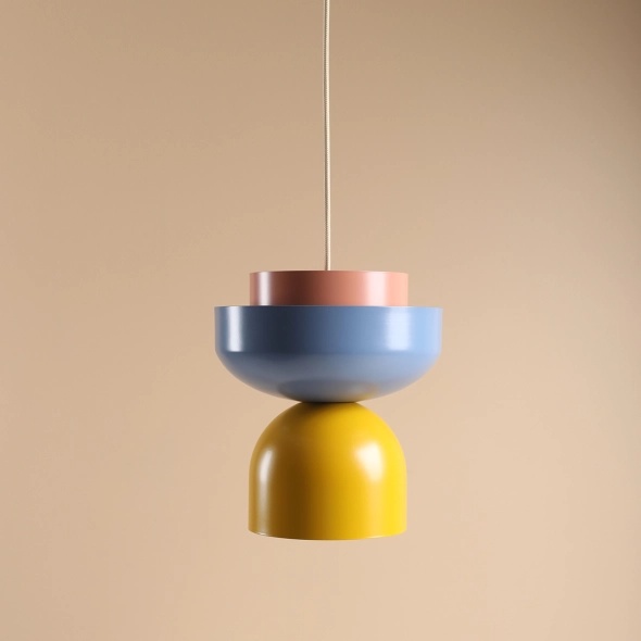 Pendul Ulia 23 cm 1xE27 - Albastru prăfuit + Coral + Muștar, lemn deschis - Img 2