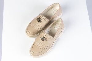 Mocasini Damă – Beige Bee Fringe din Piele Naturală