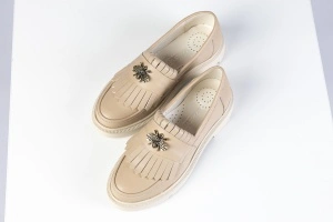 Mocasini Damă – Beige Bee Fringe din Piele Naturală
