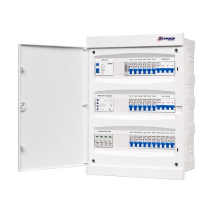 Tablou electric rezidențial trifazat cu releu de monitorizare faze, pentru gipscarton, 22 circuite monofazate și 2 circuite trifazate, cu sonerie și protecție diferențială, IP40, SCHRACK
