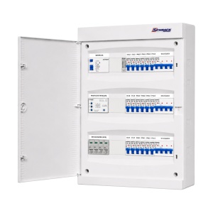 Tablou electric rezidențial trifazat cu releu de monitorizare faze, aparent, 18 circuite monofazate și 3 circuite trifazate, cu sonerie și protecție diferențială, IP40, SCHRACK