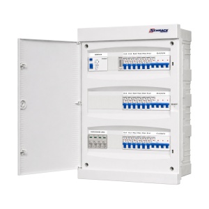 Tablou electric rezidențial trifazat fără releu de monitorizare faze, pentru gipscarton, 18 circuite monofazate și 3 circuite trifazate, cu sonerie și protecție diferențială, IP40, SCHRACK