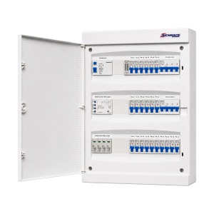 Tablou electric rezidențial trifazat cu releu de monitorizare faze, aparent, 22 circuite monofazate și 2 circuite trifazate, cu sonerie și protecție diferențială, IP40, SCHRACK