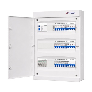 Tablou electric rezidențial trifazat fără releu de monitorizare faze, aparent, 18 circuite monofazate și 3 circuite trifazate, cu sonerie și protecție diferențială, IP40, SCHRACK