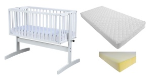 Set Patut bebe cu leganare, lemn fag, 90x40cm, Primii Pasi, PL05 alb + Saltea burete 5cm