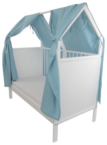 Patut bebe, forma casuta, baldachin, dimensiune saltea 60x120 cm, structura din lemn masiv de fag Primii Pasi, PLC13 bleu - Img 3