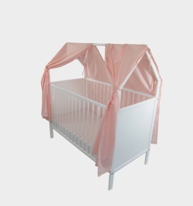 Patut bebe, forma casuta, baldachin, dimensiune saltea 60x120 cm, structura din lemn masiv de fag Primii Pasi, PLC13 roz - Img 4