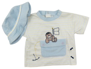 Set 2 piese tricou si palarie baieti, Primii Pasi, S2411 bleu 12-18luni