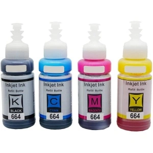 Set 4 flacoane cerneala compatibila Epson T6641, 66642, T6643, T6644, black cyan yellow magenta, 100 ml fiecare, pentru Epson EcoTank L100 L110 L120 L121 L130 L1300 L132 L200 L210 L220 L222 L300 L3050 L3060 L3070 L310 L312 L350 L355 L362 L