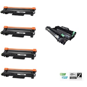 Set 1 drum unit compatibil DR2590 DR-2590, 15000 pagini + 4 cartuse toner compatibile TN-2590 TN2590, 1200 pagini fiecare