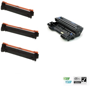 Set 3 cartuse toner compatibil TN-1030 TN-1050 TN-1000, 3000 pagini si drum unit DR-1000 DR-1030 DR-1050 DR-1090, negru, 10000 pagini