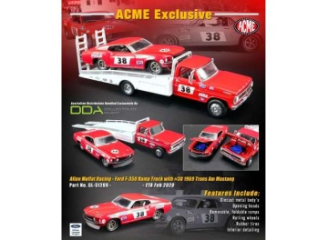 1/64 1969 allan moffat racing trans am mustang #38 on a ford f-350 ramp truck.