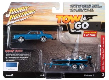 1/64 1980 chevrolet monte carlo with bass boat *tow & go*, bright blue poly