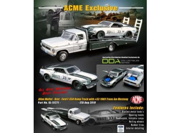 1/64 1969 allan moffat *brut* trans am mustang #33 on a ford f-350 ramp truck.