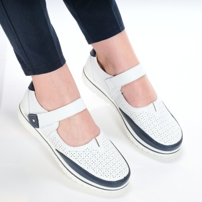Pantofi dama piele naturala comozi cu bareta – RUBY White&Navy - Img 1