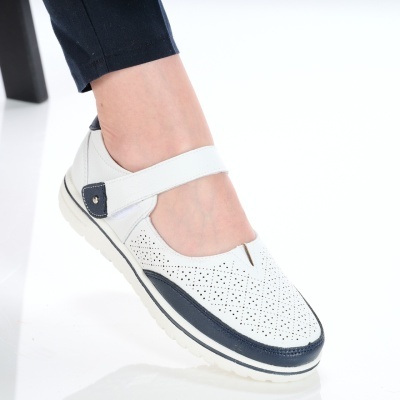 Pantofi dama piele naturala comozi cu bareta – RUBY White&Navy - Img 2