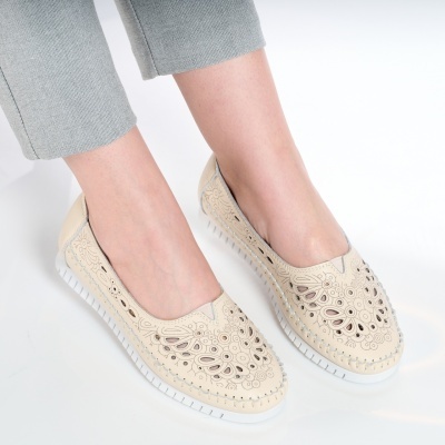 Balerini dama piele naturala perforati comozi – SELENA Beige - Img 3