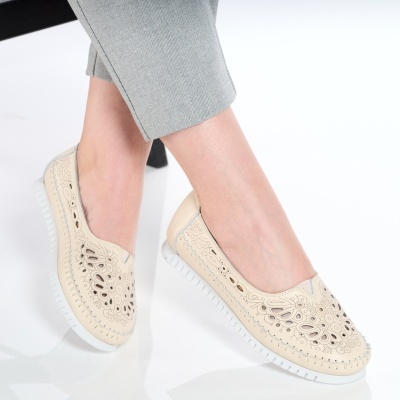 Balerini dama piele naturala perforati comozi – SELENA Beige - Img 2