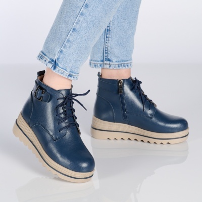 Ghete dama piele naturala imblanite talpa striata – NANCY Navy - Img 3