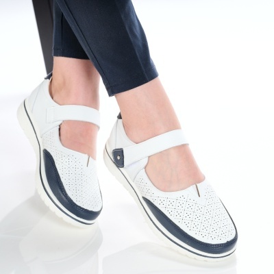 Pantofi dama piele naturala comozi cu bareta – RUBY White&Navy - Img 3