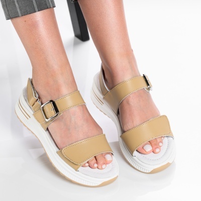Sandale dama piele naturala casual comode - CELIA Beige - Img 3