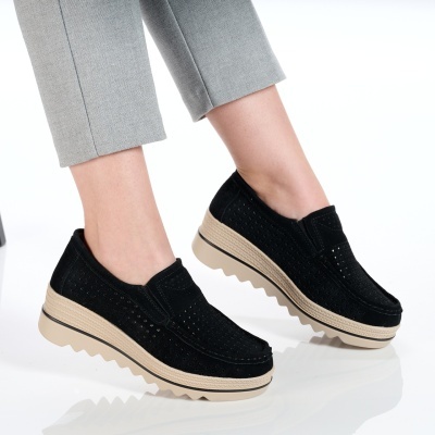 Pantofi dama piele naturala intoarsa comozi – THALIA Black - Img 3