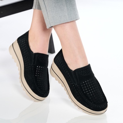 Pantofi dama piele naturala intoarsa comozi – THALIA Black - Img 2