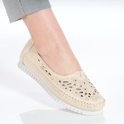 Balerini dama piele naturala perforati comozi – SELENA Beige - Img 1