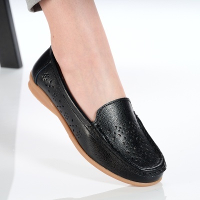 Balerini dama piele naturala perforati comozi – THEA Black