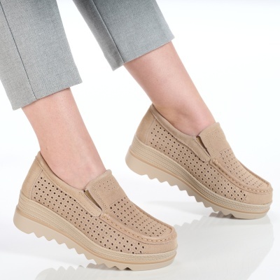 Pantofi dama piele naturala intoarsa comozi – THALIA Khaki - Img 3