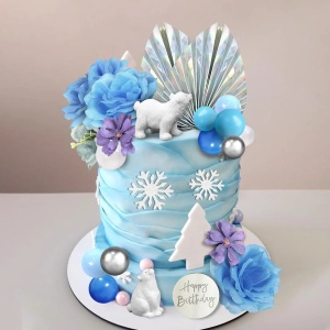 Decoratiune Tort Premium Frozen Winter cu Flori Albastre si Ursuleti Polari - Img 3