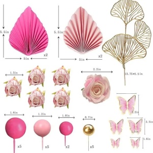 Decoratiune Tort Tematica Eleganta cu Flori Roz si Elemente Aurii - Img 2