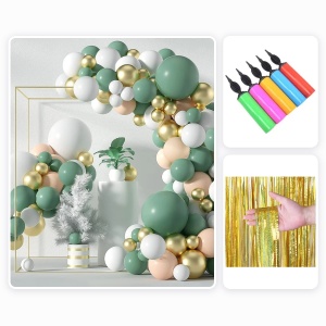Pachet Arcada Baloane Verde Nude Alb 152 Piese cu Perdea Aurie Sclipitoare si Pompa