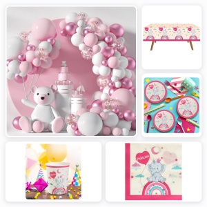 Pachet Botez Fetita cu Arcada 104 Baloane si Accesorii Masa Princess cu Elefant pentru 6 Invitati