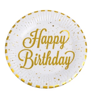 Set 12 Farfurii Aniversare Petrecere Happy Birthday Alb Gold 23 cm FRF105 - Img 1