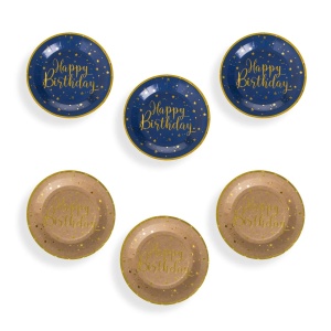 Set 6 Farfurii Petrecere Happy Birthday cu Stele, Albastru și Auriu – 18 cm
