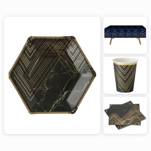 Set Accesorii Masa Petrecere Eleganta Negru Gold pentru 6 Invitati