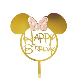 Topper Tort Minnie Mouse Auriu Cu Fundiță Roz Happy Birthday TOP142