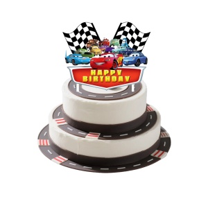 Decoratiune Tort Cars Happy Birthday cu Steaguri de Race TOP217