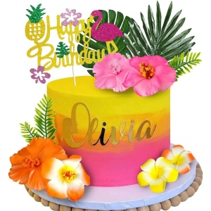 Decoratiune Tort Tematica Tropicala cu Flori si Frunze Decorative