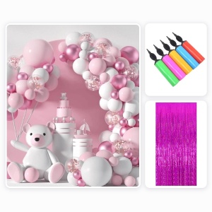 Pachet Arcada Botez Fetita 104 Baloane Roz Alb cu Perdea Roz Fuchsia si Pompa