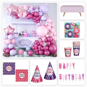Pachet Petrecere Roz Mov cu Arcada 110 Baloane si Accesorii Masa cu Buline pentru 12 Invitati