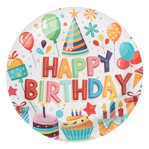Set 12 Farfurii Petrecere Happy Birthday cu Baloane și Cadouri – 23 cm