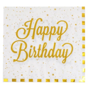 Set 12 Servetele Aniversare Petrecere Happy Birthday Alb Gold SRV69