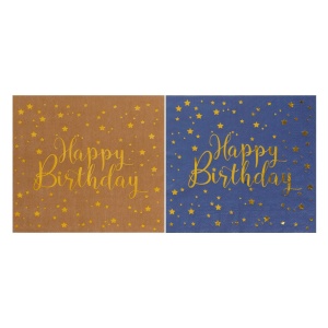 Set 12 Șervețele Petrecere Happy Birthday cu Stele, Albastru și Auriu – 33 x 33 cm