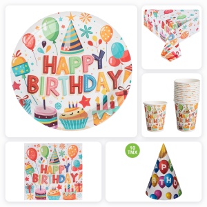 Set Accesorii Masa Petrecere Happy Birthday cu Baloane Colorate pentru 12 Invitati