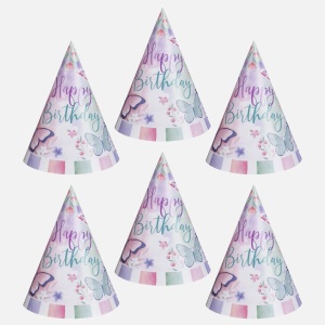 Set 6 Coifuri Petrecere Happy Birthday cu Fluturi, Roz și Verde Mentă – 16 cm